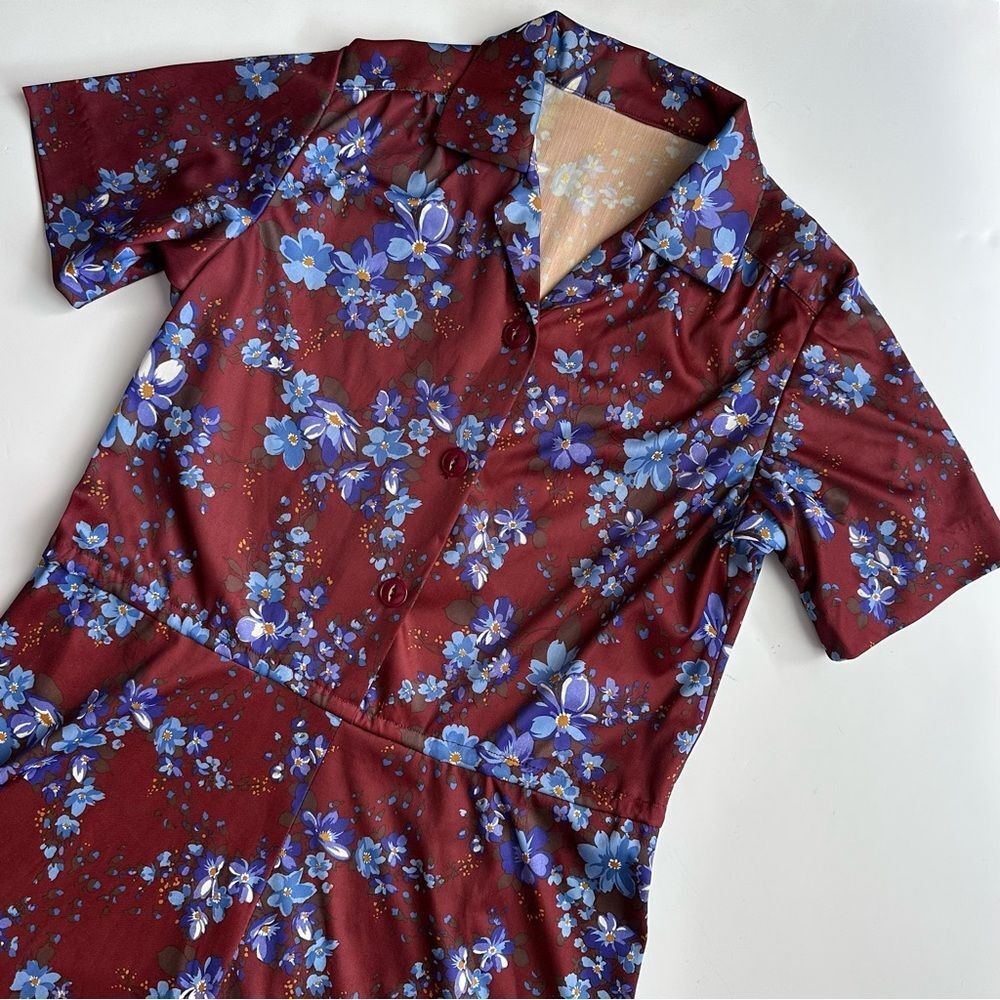Vintage Brown and Violet Floral Midi Dress A Line Short Sleeves Women’s Size M - Picture 2 of 8